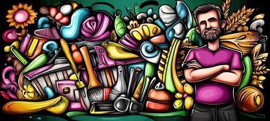 A colorful collage of tools and plants with a smiling man, symbolizing creativity and gardening.
