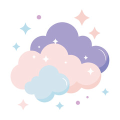 Pastel Clouds and Sparkling Stars in a Dreamy Night Sky, vector illustration white background.