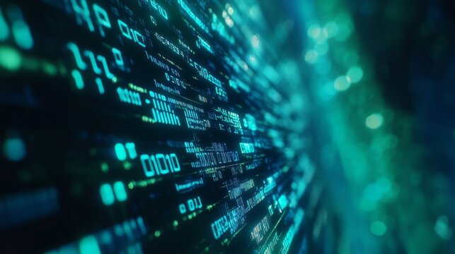 Binary code matrix background, perspective view with depth of field, tech style blue and green illuminated numbers, technology futuristic green backgrounds