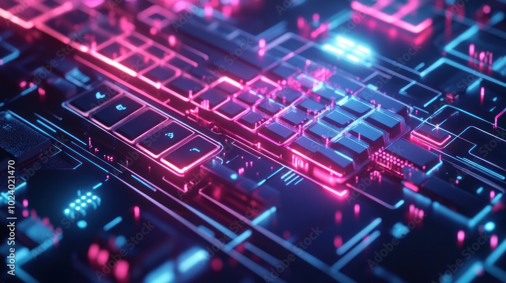 Aufkleber a futuristic digital circuit board with glowing neon elements and intricate patterns.