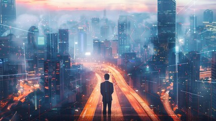 Obraz premium Man in Suit Standing Above a Cityscape with Network Lines