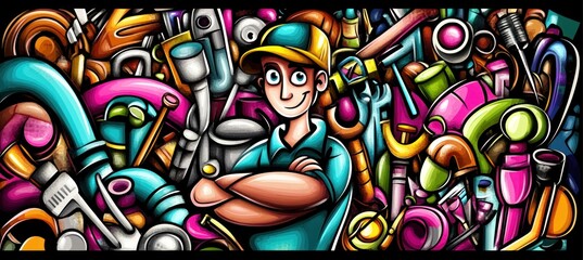 Obraz premium A cartoonish worker stands confidently among colorful plumbing tools and pipes.