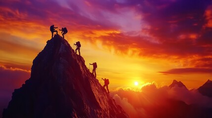 Diverse group scaling a majestic mountain peak at sunset silhouettes against a vibrant sky of oranges and purples panoramic view emphasizes teamwork and achievement