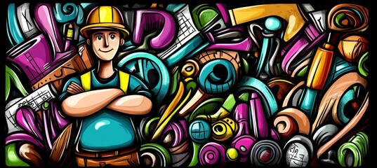 A colorful illustration of a construction worker surrounded by various tools and materials.