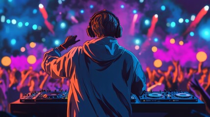 Dj performing at a lively music festival scene