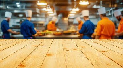 Wooden table in focus with blurred chefs cooking in the restaurant's modern kitchen, showcasing professional teamwork and culinary expertise in action.