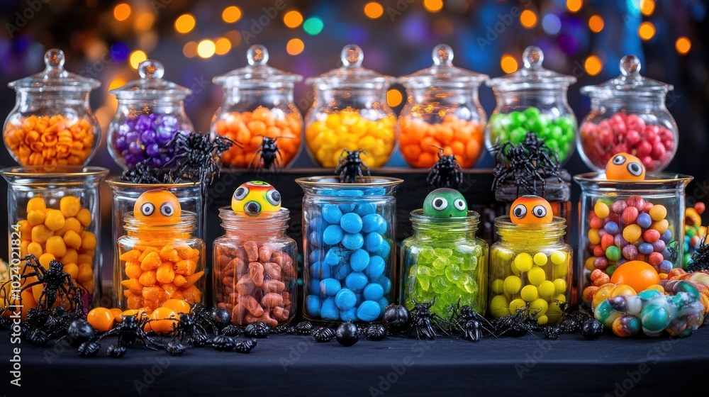 Poster A colorful display of candy jars decorated for a festive occasion.