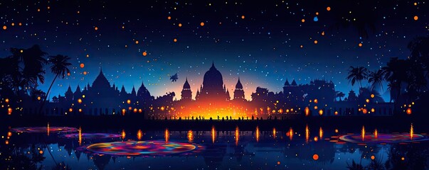 A captivating night scene showcasing silhouettes of temples illuminated by lanterns reflecting on water.