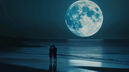 Fototapeta premium Full moon over the sea, moonlight reflection on water. Silhouette of a couple standing in front of giant blue moon, beach background. Dreamlike fantasy landscape, serene atmosphere calm romantic night