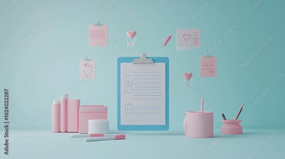 Poster a colorful workspace with stationery and notes, emphasizing organization and creativity.