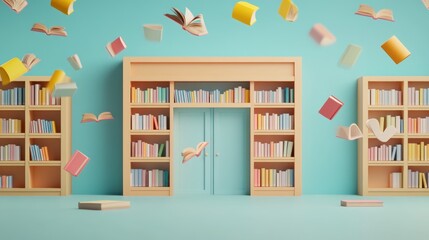 A whimsical library scene with floating books and vibrant shelves.