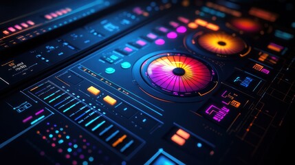 A futuristic digital interface with colorful gauges and data displays.