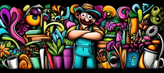 A colorful illustration of a gardener surrounded by plants and gardening tools.