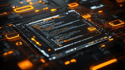 A digital interface showcasing code and circuit-like patterns in a tech-themed environment.