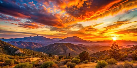Beautiful sunset casting warm colors over California mountains, sunset, California, mountains, landscape, dusk, orange sky