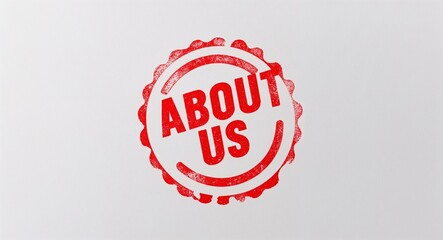 about us red stamp lettering on plain white background