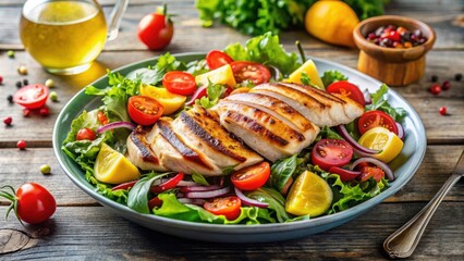 Fresh and healthy weight-loss meal with grilled chicken, mixed greens