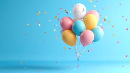 Obraz premium A cluster of colorful balloons with confetti against a blue background, symbolizing celebration.