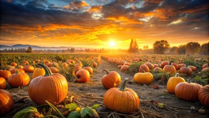 Beautiful autumn sunrise over a pumpkin field, creating a warm and cozy atmosphere, sunrise, pumpkin field, autumn, warm