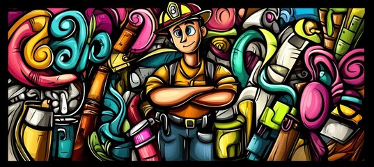 A colorful illustration featuring a smiling worker surrounded by artistic tools and designs.