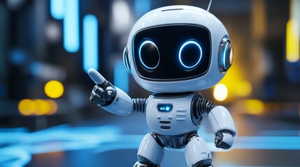 Positive cute robot pointing at a space. Copy space