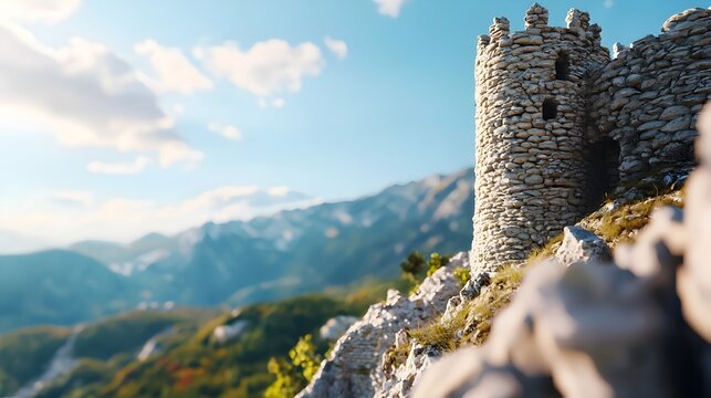 Majestic stone castle with towering turrets and walls perched atop a picturesque hill overlooking a lush verdant valley landscape  The historic medieval style fortress stands tall