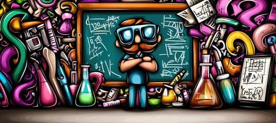 Fototapeta premium A whimsical scientist stands in front of a chalkboard, surrounded by colorful lab equipment.