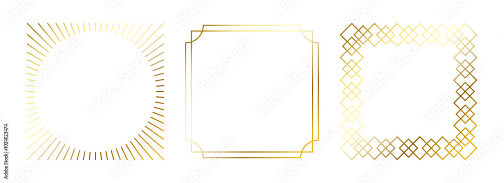 Poster golden thin frames set. gold square borders in art deco style. thin linear radiance rectangular elem