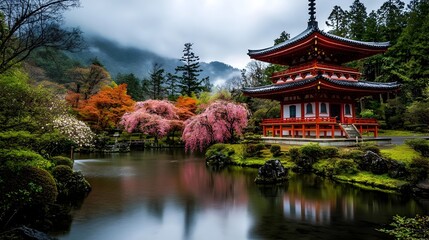 Naklejka premium Majestic Japanese temple with traditional architectural features nestled amidst a breathtaking display of cherry blossoms in full bloom