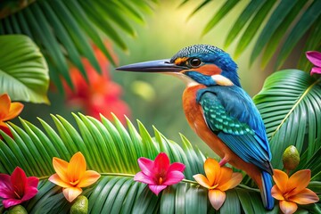 Obraz premium High angle view of South American kingfisher among tropical leaves and flowers