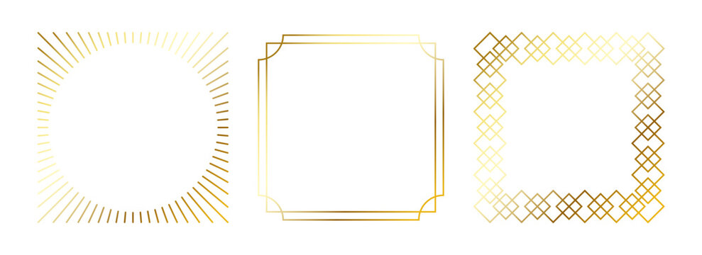 Golden thin frames set. Gold square borders in art deco style. Thin linear radiance rectangular elements collection. Yellow glowing shiny boarders pack. Vector bundle for photo, cadre, poster, card
