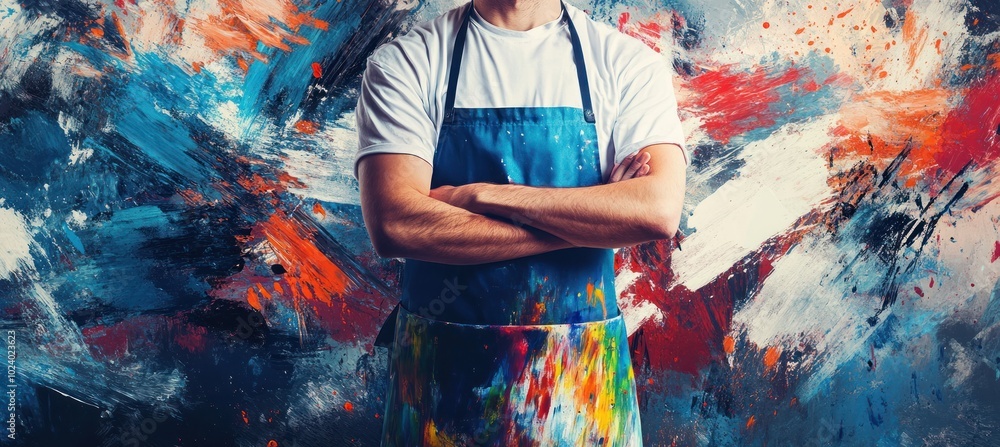 Wall mural A confident artist stands with crossed arms in front of a vibrant, abstract-painted backdrop.