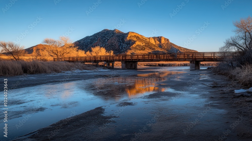 Poster scenic view of a bridge over a river with mountains and trees in the background.