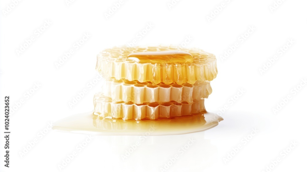 Poster a stack of honeycomb dripping with honey on a white background.