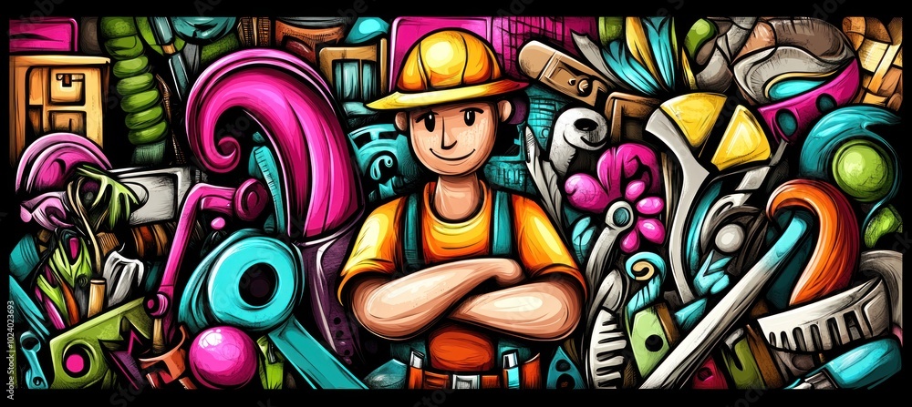 Poster a colorful illustration featuring a smiling construction worker surrounded by various tools and obje