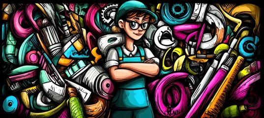 A creative individual stands confidently among various art supplies and materials.