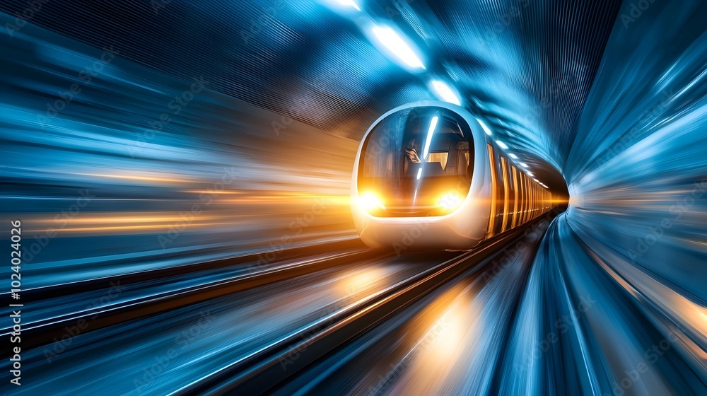 Poster a high speed futuristic hyperloop train surging through a sleek modern tunnel infrastructure in a fo