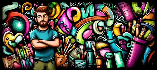Fototapeta premium A colorful art scene featuring a man surrounded by vibrant art supplies and designs.