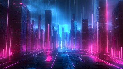 Abstract, futuristic city of concrete and neon. Night city view, illumination. Dark street, abstract scene, neon rays. 3D illustration. 