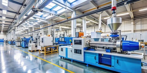 Industrial extruder manufacturing plastic components in a modern factory setting, manufacturing, production line