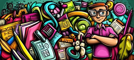 A colorful illustration featuring a person among various office supplies and creative elements.
