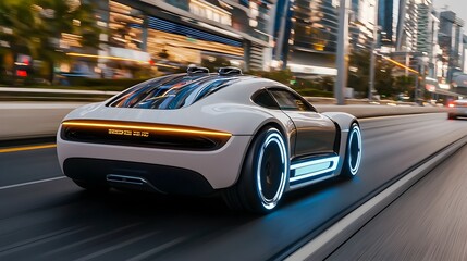 Fototapeta premium Futuristic autonomous vehicle traveling through a technologically advanced smart city landscape with modern architectural structures efficient transportation infrastructure