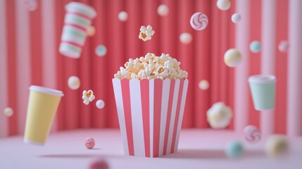 A vibrant display of popcorn and candy in a playful, colorful setting.