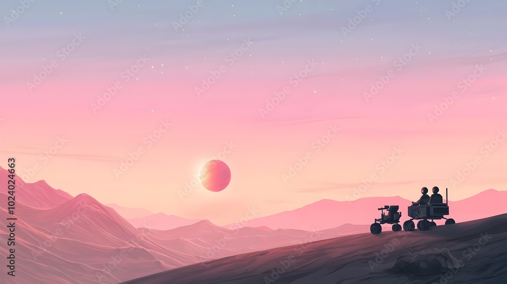 Poster a team of engineers carefully controlling and monitoring a rover exploring the rugged terrain of a d