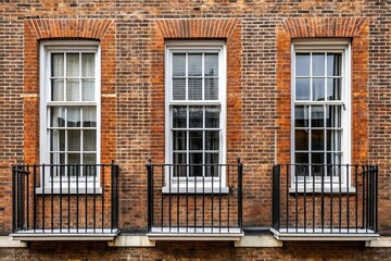 Obraz premium High angle view of three white windows with black railings on brick building in London