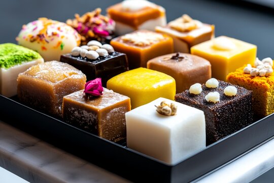 Traditional mithai thali filled with small portions of different sweets like sohan halwa, sandesh, and ghewar, celebrating the diversity of Indian desserts