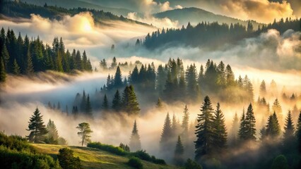 Fototapeta premium Foggy forest in the Carpathian Mountains on a summer day