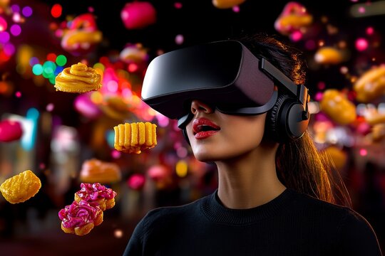 Virtual reality mithai experience, where users can explore a digital world filled with floating sweets like kaju katli, jalebi, and pedas, each one interactive and customizable