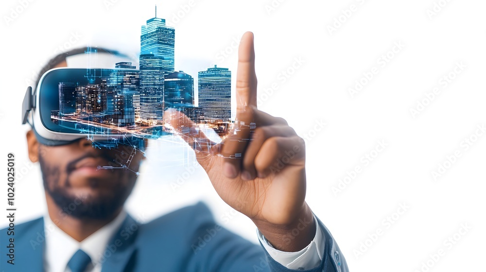Poster a person wearing virtual reality headset is immersed in a futuristic digital cityscape exploring the