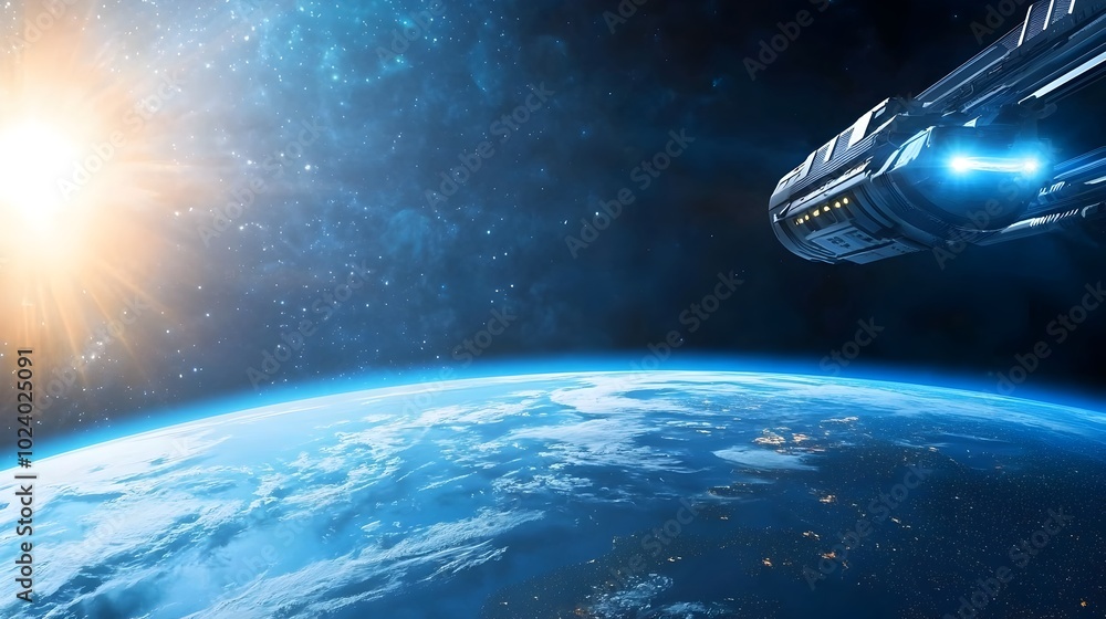 Poster panoramic view of a futuristic orbiting space station exploring the future of the earth s cosmos thr